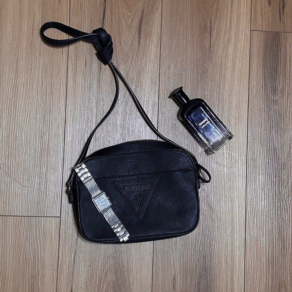 GUESS? black faux leather crossbody handbag
